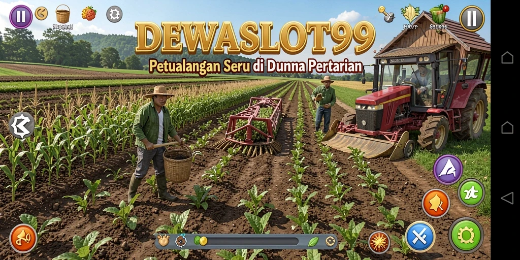 Screenshot gameplay DEWASLOT99 menampilkan kebun yang subur dan karakter yang aktif.