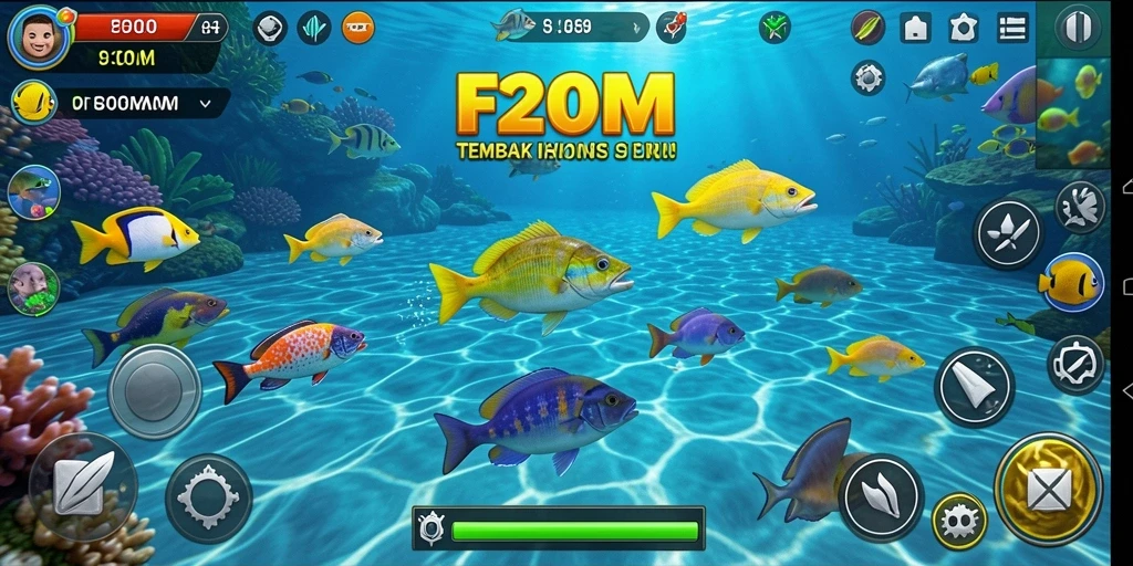 Screenshot utama F200M menampilkan aksi seru menembak ikan.