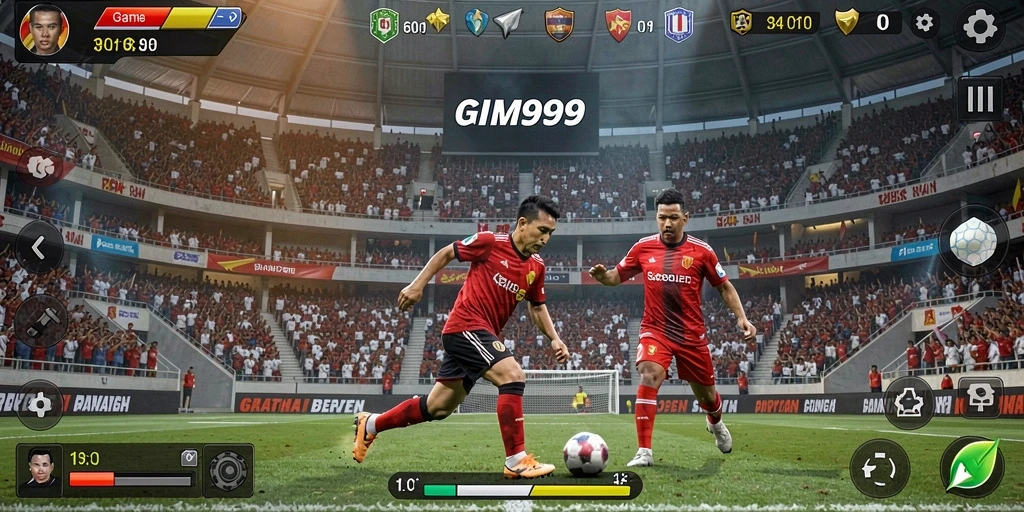 Gameplay GIM999 menampilkan aksi sepak bola yang seru dan mendebarkan.
