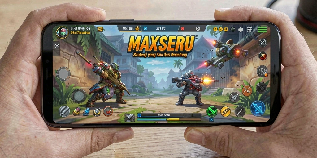 Tangkapan layar gameplay MAXSERU yang menunjukkan aksi strategis dan pertempuran.