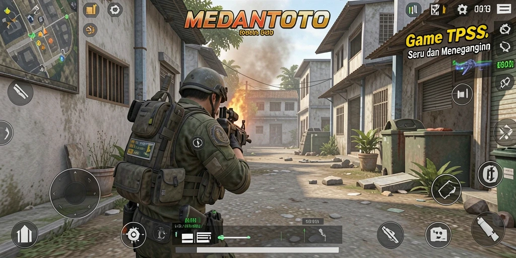 Tampilan gameplay menegangkan di MEDANTOTO dengan aksi tembak-menembak.