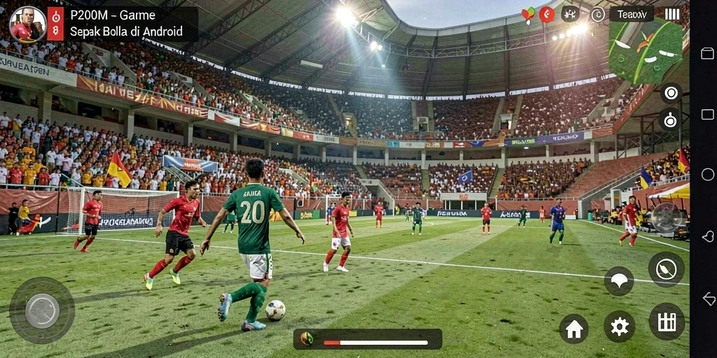 Screenshot P200M menampilkan aksi seru dalam gameplay sepak bola.