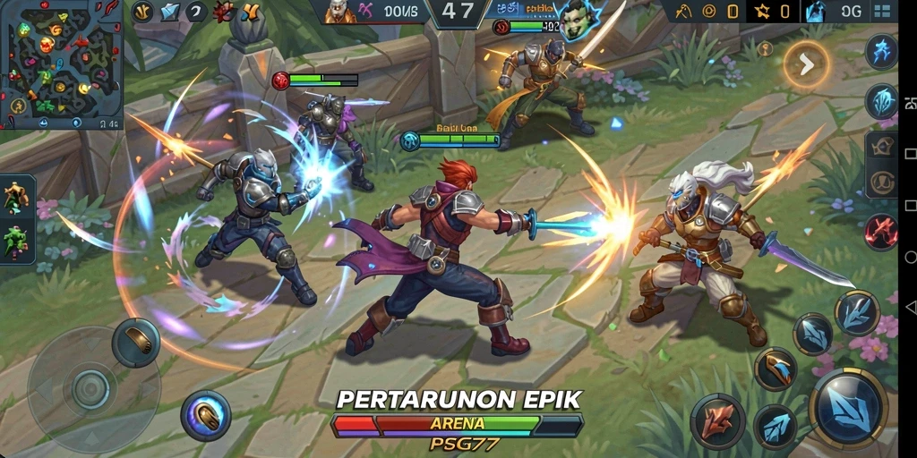 Screenshot gameplay PSG77 menampilkan pertarungan seru antara karakter.