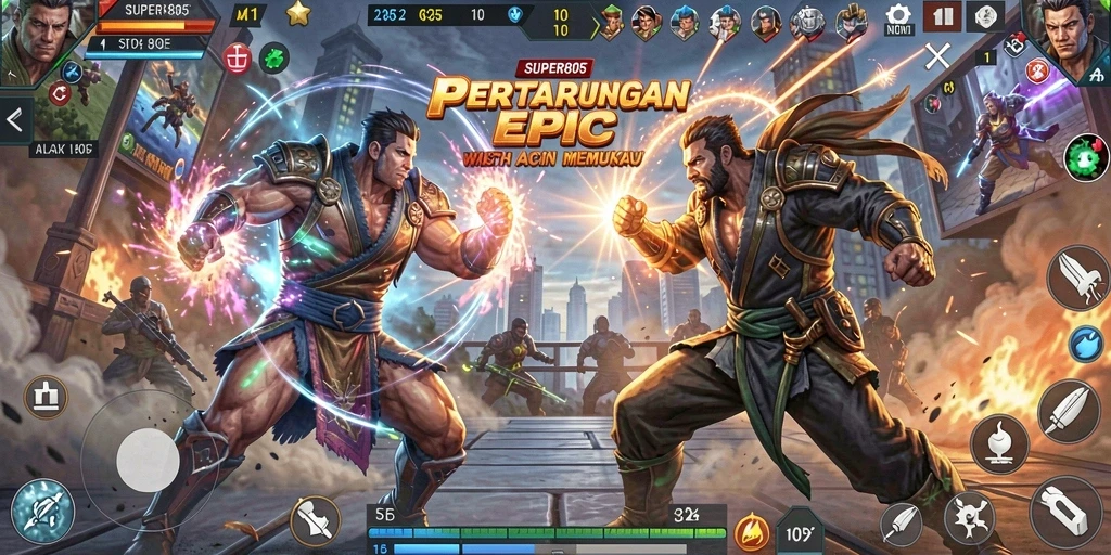 Tampilan gameplay SUPER805 yang penuh aksi dan pertarungan mendebarkan.