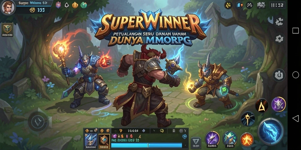 Screenshot utama SUPERWINNER menampilkan pertarungan epik dalam dunia MMORPG.