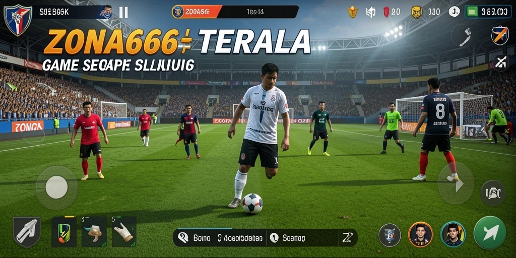 Tampilan gameplay ZONA66 dengan aksi menarik di lapangan sepak bola.